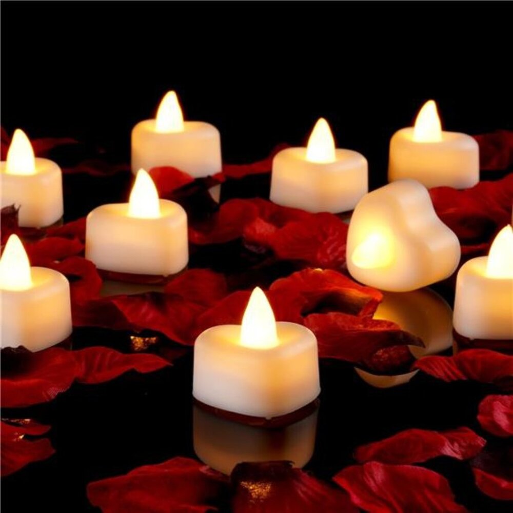 1000 Pieces Artificial Rose Petals with 12 Heart LED Tea Lights Candles Kit